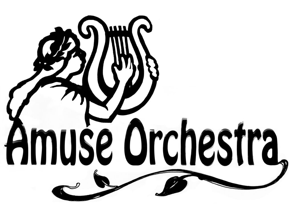 Amuse Orchestra Logo - handgefertigte schwarzweiss Zeichnung einer Muse mit Lyra. Aus dem Rücken entspringt das "A" und aus dem "a" am Ende Entspringt ein ZWeig mit zwei Blättern der de nSchriftzug unterstreicht.